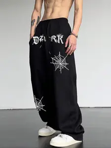 Men's Casual Sports Pants, Spider Web Print Drawstring Wide Leg Loose Fit, All Season Comfortable Men's Clothing for Daily Wear