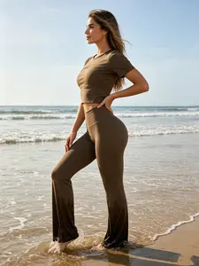 Summer set, yoga wear. Women's high-waisted yoga pants & crop top set. Four-way stretch, moisture wicking, sports and casual style. Suitable for gym & outdoor training, beach, daily wear. Summer sportswear