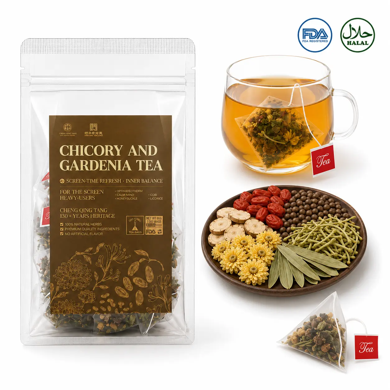Chicory And Gardenia Tea Sealed Stand-Up Pouch｜Eye-Care Revolution for Long Screen Time support healthy ｜Chrysanthemum Aroma + Cassia Sweet Aftertaste｜Wellness Tea Replaces Milk Tea｜20 Bags