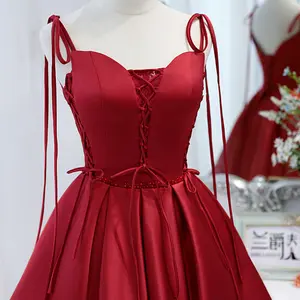 Wine Red Satin Lady's Slimming Annual Meeting Light Luxury Dress