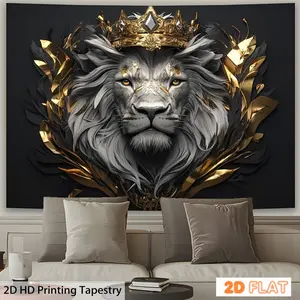 Majestic Lion Tapestry, Wall Hanging Tapestry, 1pc Majestic Lion with Crown Tapestry - Black & Golden Regal Lion Wall Art - Polyester Peach Light Beige Fabric - Horizontal Indoor Decor for Living Room, Bedroom - No Electricity Needed - Creative Gift