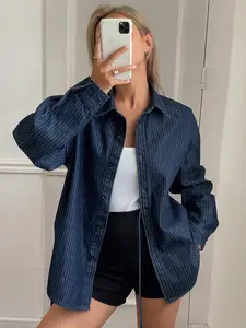 Striped Single Button Denim Side Tie Shirt Blouse, Long Sleeve, Versatile Daily Wear, Perfect with Jeans Jacket, Fall Women's Fashion
