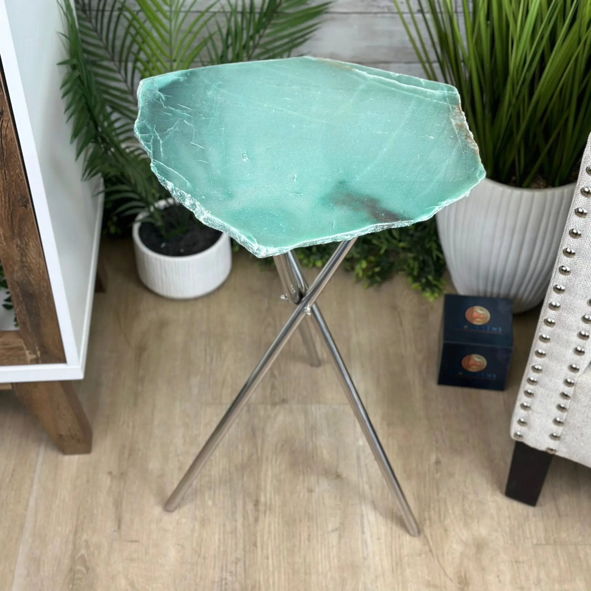 Natural Green Quartz Side Table on a Chrome Metal Base, 23.6" Tall #1341GQ-002