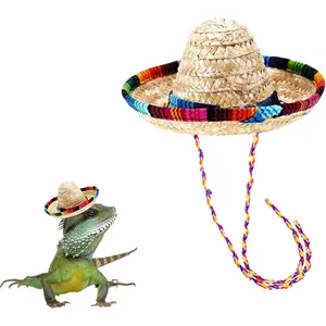 1 PCS Bearded Dragon Hat Funny Pet Straw Hat Mini Straw Hat with Accessories for Reptile HamsterLeopard Gecko Adjustable Bearded Dragon Sombrero Hat Elastic Cat Hat for Party Photos