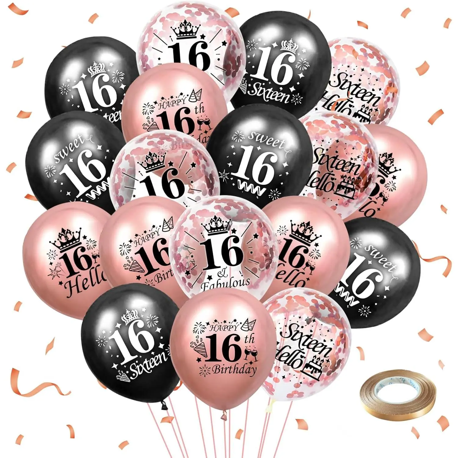 Metallic Rose Gold Sweet 16th Birthday Latex Balloon Set - 18Pcs 12 inches Confetti Balloons with Curling Ribbon, Party Favors & Decor for Car-Themed 16-Year-Old Festive Supplies