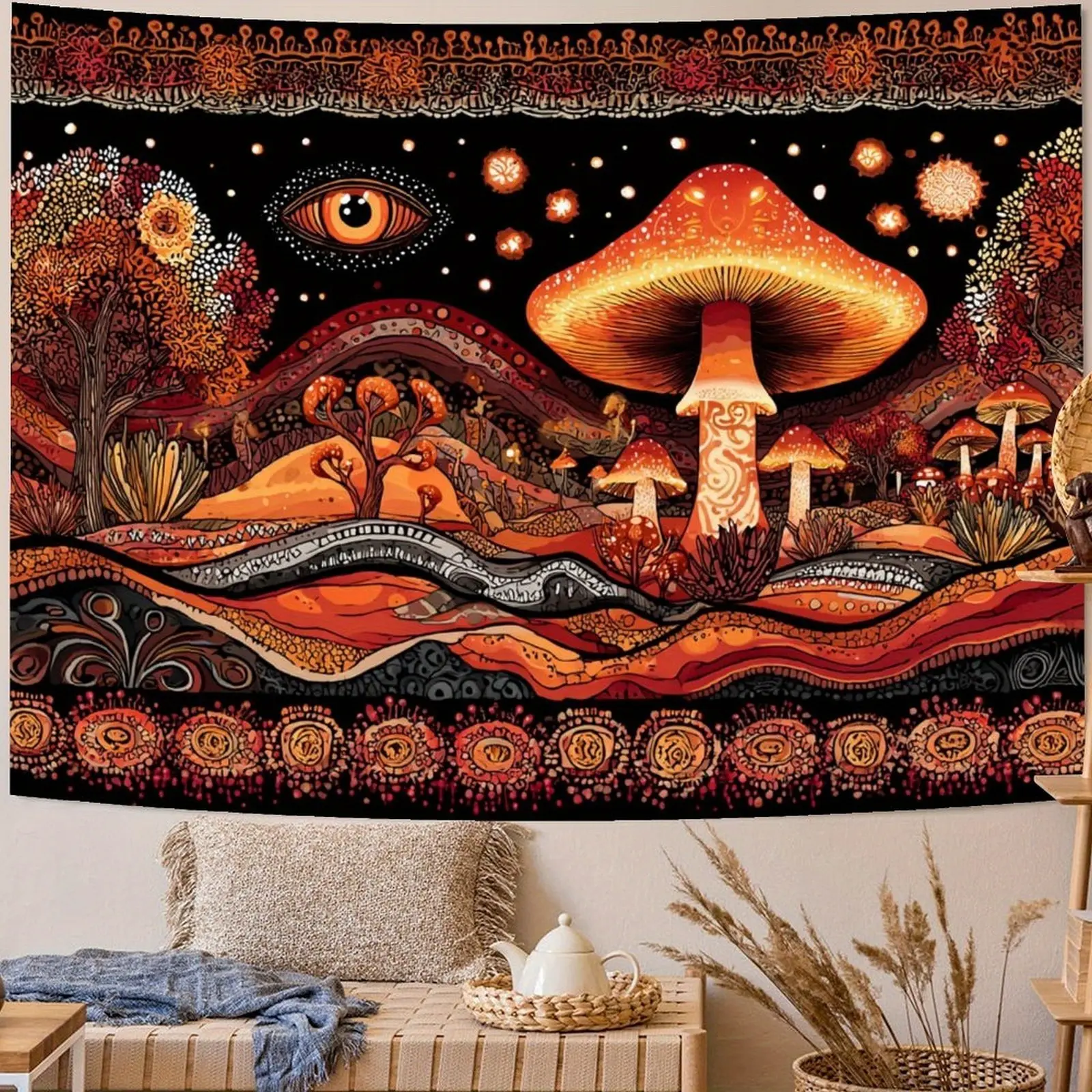 Retro Boho Polyester Mushroom Eye Motif Tapestry Wall Hanging - Easy Install, Colorful Statement Tapestries, Boho Tapestries for Hippie Style Enthusiasts, Enhance Your Room's Decor, Vintage Dorm Accent Gift, Decorative, Indoors