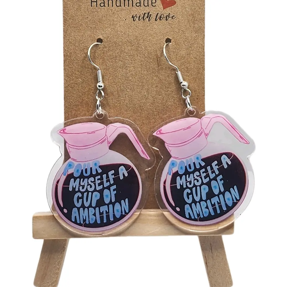 Pour Myself a Cup of Ambition Hook Earrings - Funny Quote Design, Lightweight PP Material, Fun Fashion Accessory for Daily & Special Occasions