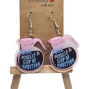 Pour Myself a Cup of Ambition Earrings - Humorous Design with Humorous Quote, Lightweight PP Material, Fun Accessory for Any Occasion, Ambitious Hook Earrings