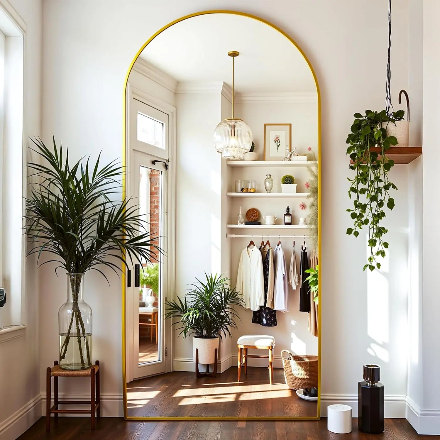 Full Length Mirror, 78*38/76*34in Oversized Floor Mirror, Arched Full Body Mirror with Stand Large Floor Standing Mirror, Hanging Mounted Mirror for Bedroom, Living Room Cloakroom unbreakable mirror room decor luxury Arched Full Length Decorative Mirror