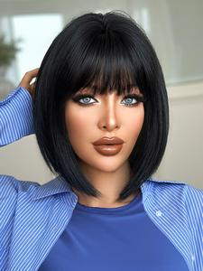 12 inch short straight black wigs for women elegant synthetic bob hair wig with bangs, modern style heat resistant fiber full machine hair wigs for daily wear, music festivals celebrations, graduation gift