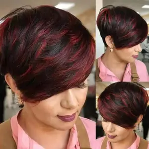 Basic Pixie Cut Wig Straight Style - 1B/99J Burgundy Highlight 180% Density Brazilian Virgin Human Hair with Rose Net Cap, Glueless Machine Made for African American Women, Cosplay & Daily Wear No Brand