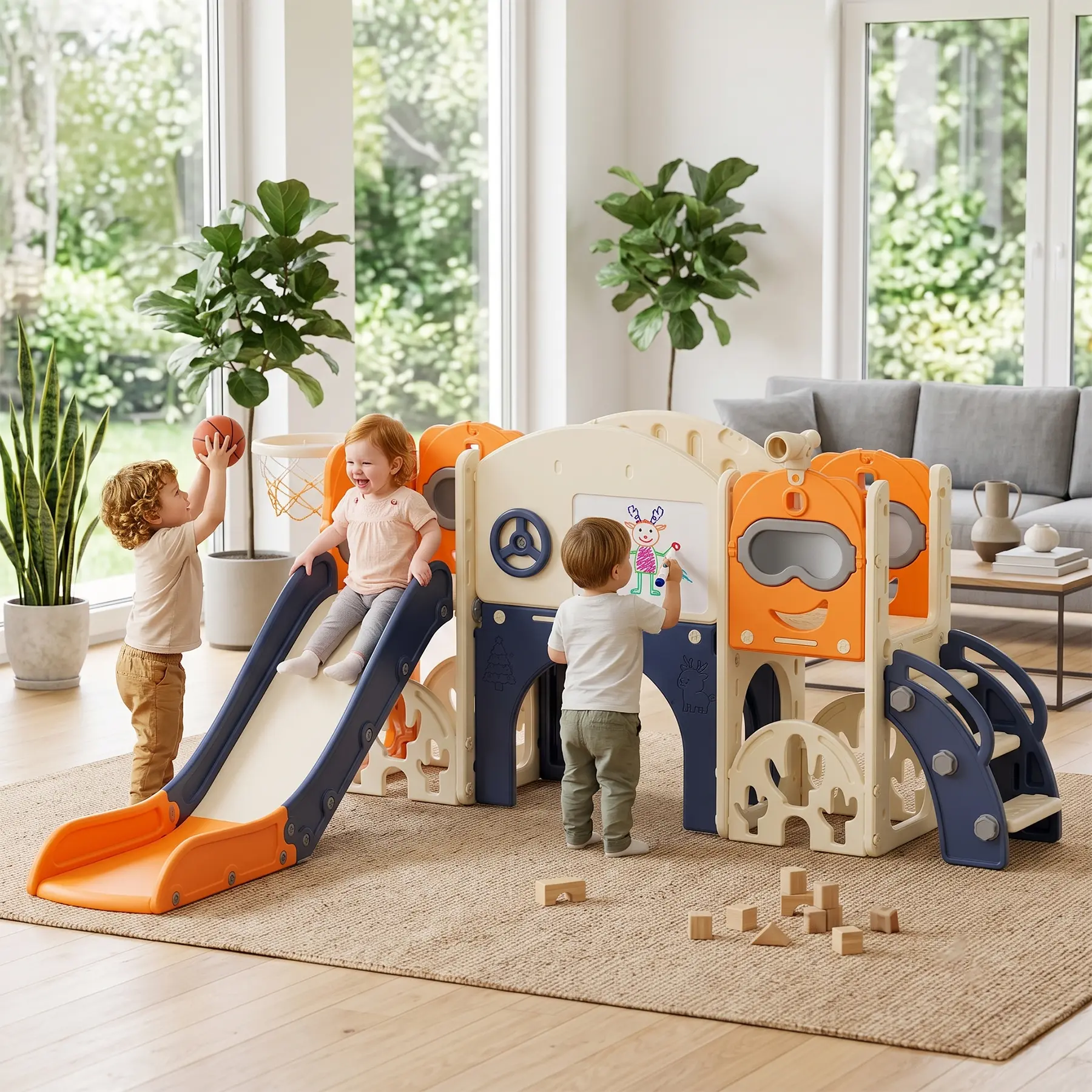 ZENY 10-in-1 Compact Multi-Activity HDPE Plastic Toddler Freestanding Slide Set - 1-3 Years Kids Climber Playground with Basketball Hoop, Telescope, Storage, Indoor Outdoor Toys, Unisex