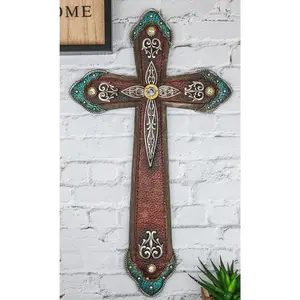Rustic Western Cowboy Diamond Teardrop Crystals Tooled Leather Wall Cross Plaque
