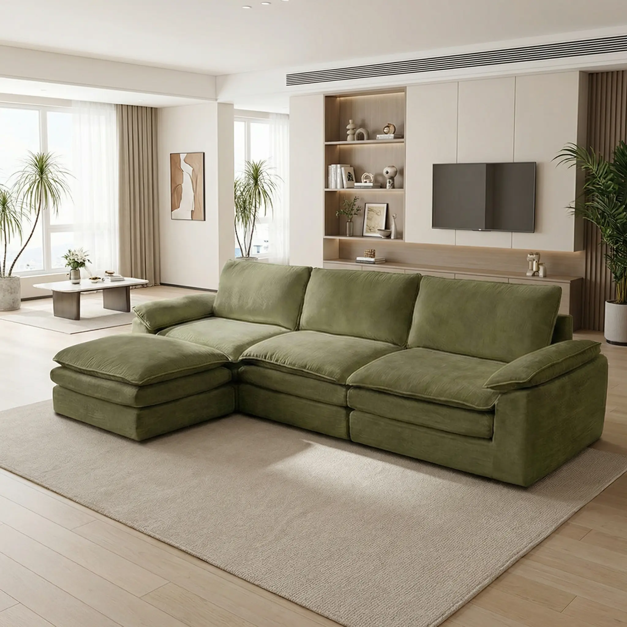 118'' Modular Sectional Cloud Couch with Movable Ottoman, 4 Seat Modern Corduroy Sofa, Deep Seat L Shaped Couch for Living Room Bedroom Apartment No-Assembly Big Boneless Couch Frameless Modular Sofa