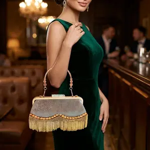 Women's Rhinestone Fringe Evening Clutch - Elegant Gold Chain Strap Bag, Sparkling Design for Formal Events, Special Occasions