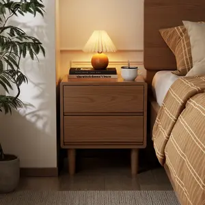 【Summer】TimberKnows Walnut Wood Nightstand, Small Bedside Table with 2 Drawers, Space-Saving End Table for Dorms, Bedrooms or Hallways