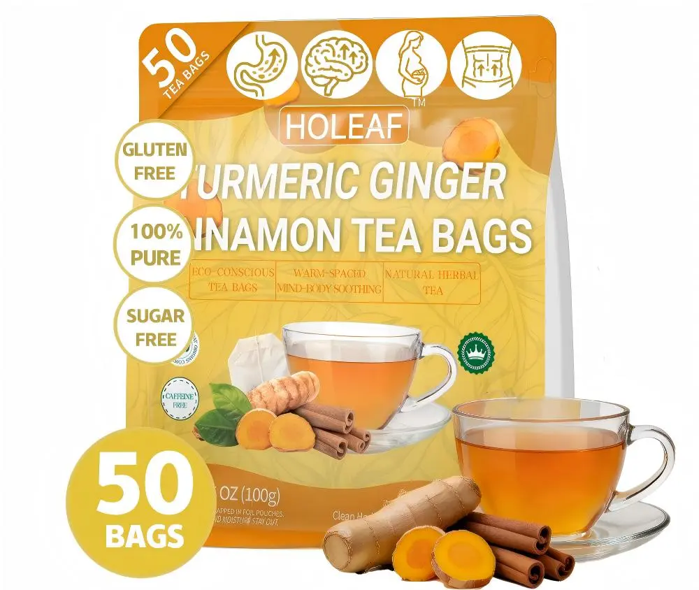 Turmeric Cinnamon Herbal Tea Bags 50 Count, Non-GMO Caffeine Free Sugar Free, Individually Foil Sealed Packs, Supports Joint & Digestive Health, Rich Earthy Quick Steep Hot Iced Daily Drink, Zero Additives