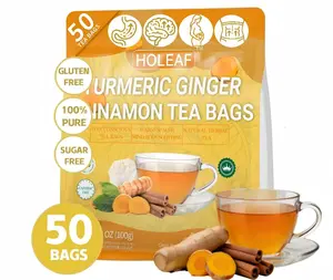 Turmeric Cinnamon Herbal Tea Bags 50 Count, Non-GMO Caffeine Free Sugar Free, Individually Foil Sealed Packs, Supports Joint & Digestive Health, Rich Earthy Quick Steep Hot Iced Daily Drink, Zero Additives