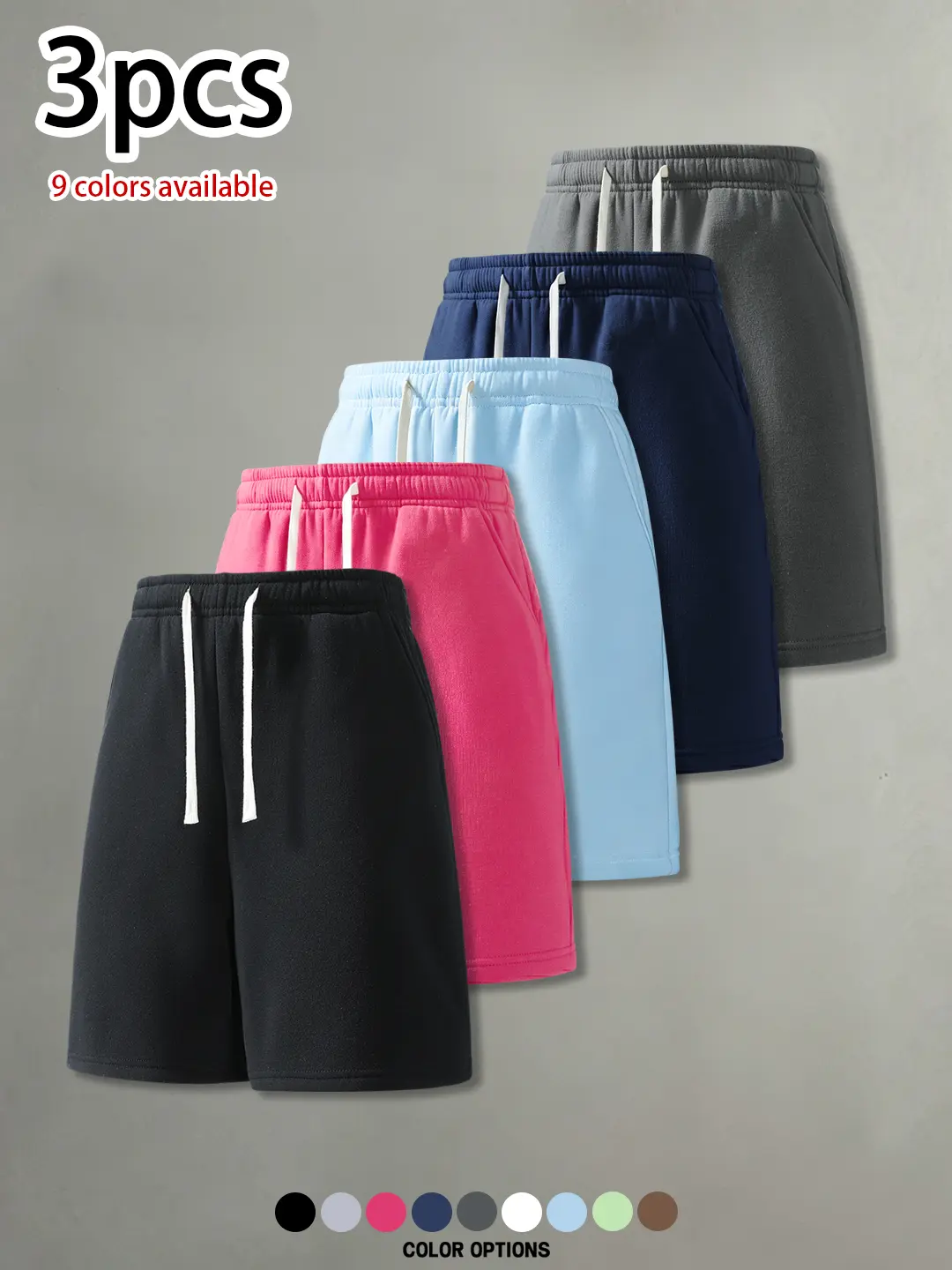 Pack of 3: summer men’s casual minimalist shorts; loose fit with drawstring and elastic waistband; comfortable, skin-friendly, breathable mid-thigh length; suitable for everyday wear, leisure, sports, and fitness.summervibes