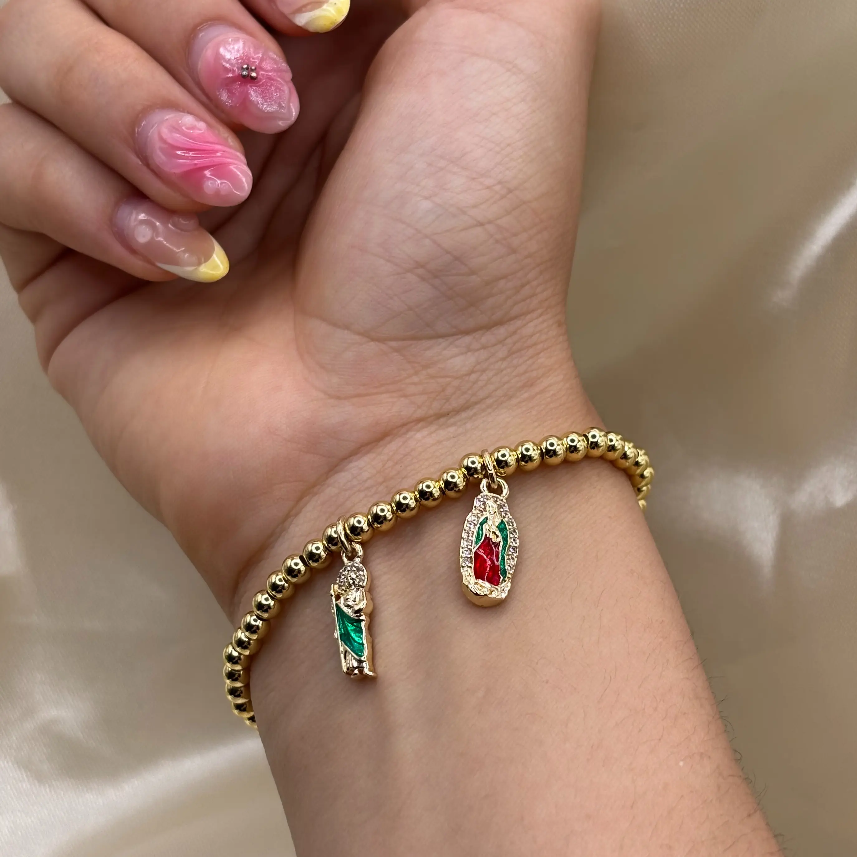 14K Virgen de Guadalupe + San Judas Bracelet - Elastic Bracelet - Bracelets & Bangles