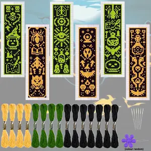 6counts Dark Gothic style Halloween themed cross stitch bookmark handmade DIY kit -  bone, book, and magic potion patterns - Suitable for adult embroidery beginners and sewing enthusiasts - Unique Halloween gifts, campus gifts