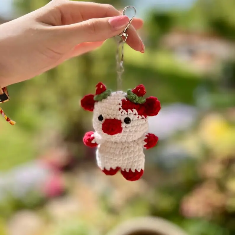 Handmade Strawberry Cow Keychain, Cute Crochet Cow Bag Charm, Birthday Gift for Women