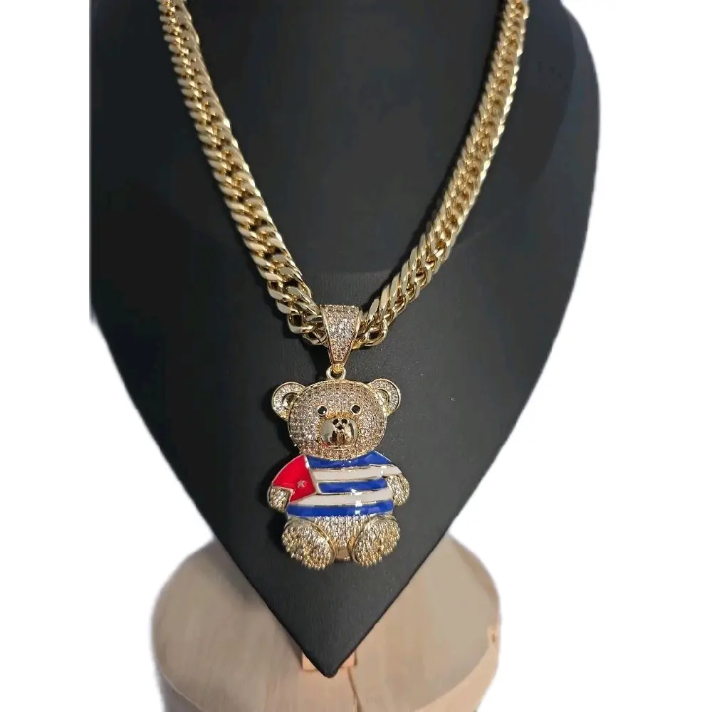 14k Gold-Plated Cuban Chain with Teddy Bear Pendant with a cuban flag the chain measure 19.5 Inches Long Matching 7-Inch Bracelet Set