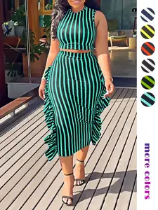 Elegant Women's Two-Piece Set, Striped Print Round Neck Sleeveless Top, Ruffled High-Waisted Skirt, Casual Slim-Fit Suit, Womenswear