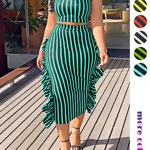 Elegant Women's Two-Piece Set, Striped Print Round Neck Sleeveless Top, Ruffled High-Waisted Skirt, Casual Slim-Fit Suit, Womenswear, Casual Matching Sets, Summer Outfit Set, Casual Chic Set
