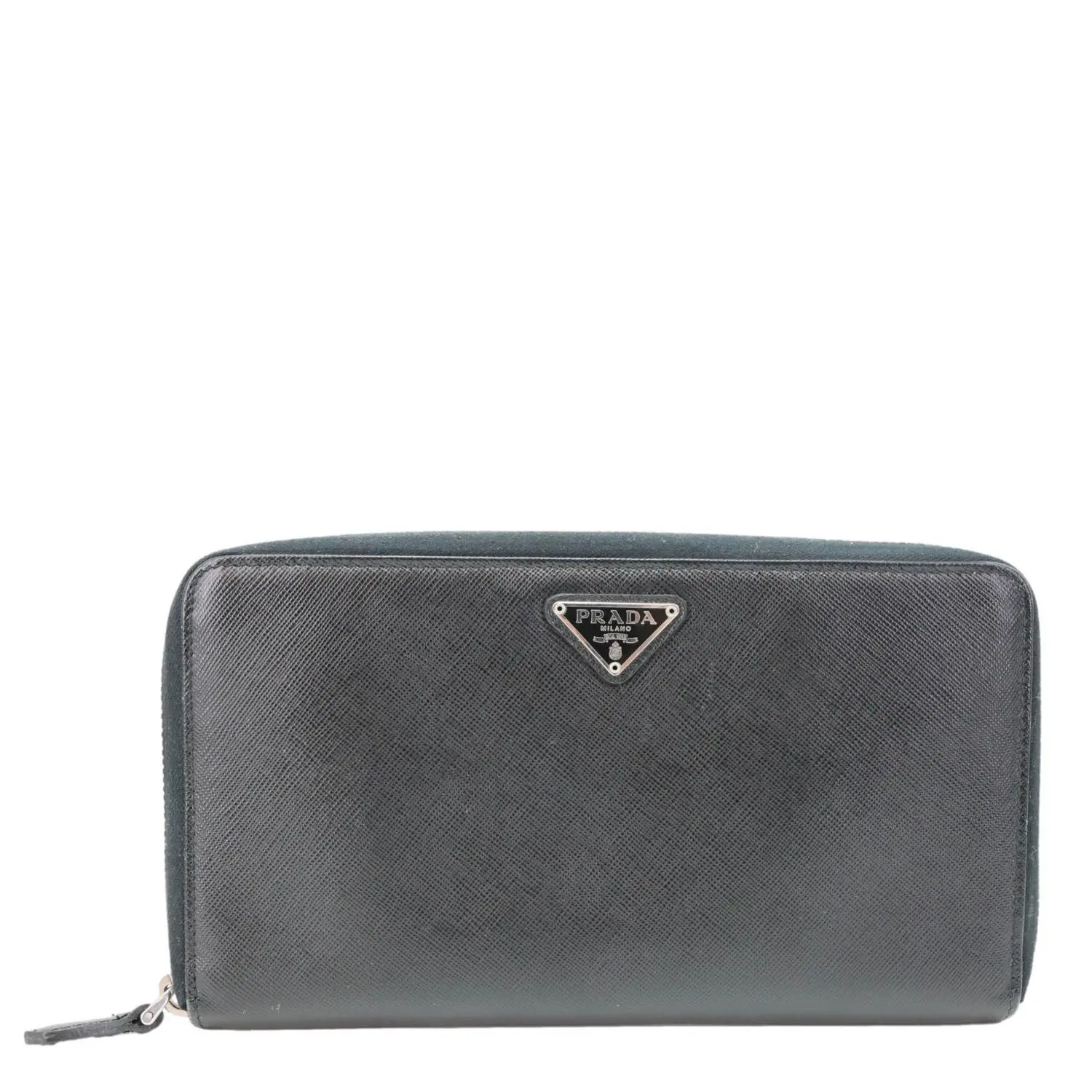 Pre-owned PRADA leather Clutches & Wristlets Zip Around Saffiano Wallet Black