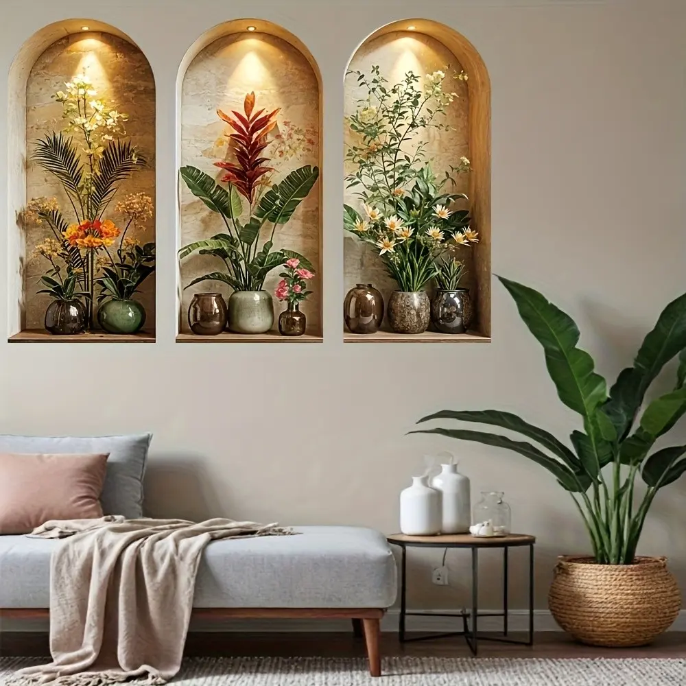 3-Piece Arched Window Plant Floral Wall Stickers, Wall Decal, Flower Wall Decals, Flower Decals For Walls, Tropical Flower Decorative PVC Self-Adhesive Wall Art for Living Room, Bedroom & Dining Room, Decoration Items