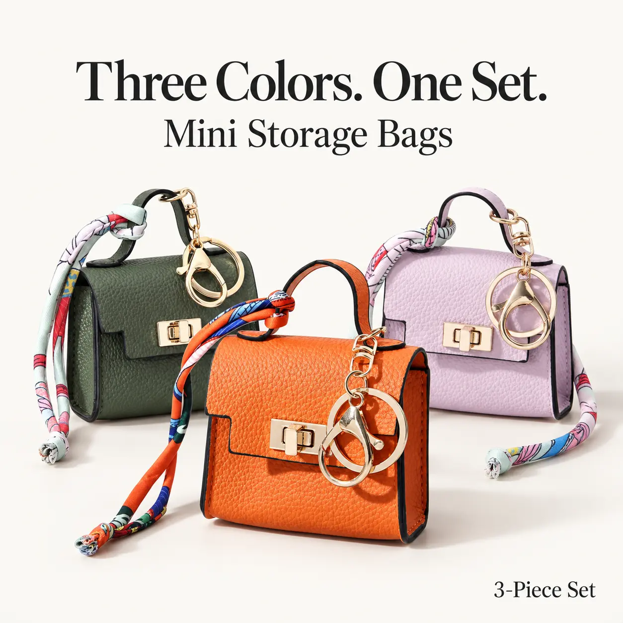 Women's 3PCS Leather Modern Mini Purse Set - Decorative Ribbon, Metal Lock Detail, 8x8x4cm Lightweight Small Pouches, Home Organizer for Keys/Lipstick, Birthday Holiday Gift