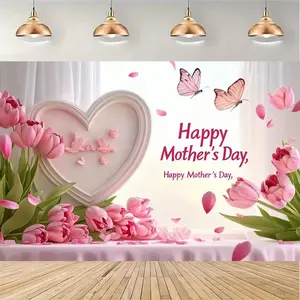 2D Flat, 2D Flat 1pc Happy Mother's Day Heart and Floral Background Wall - Pink Tulips, Butterflies, and Heart Design - Polyester Fiber Party Decoration, Suitable for Celebrations, Anniversaries