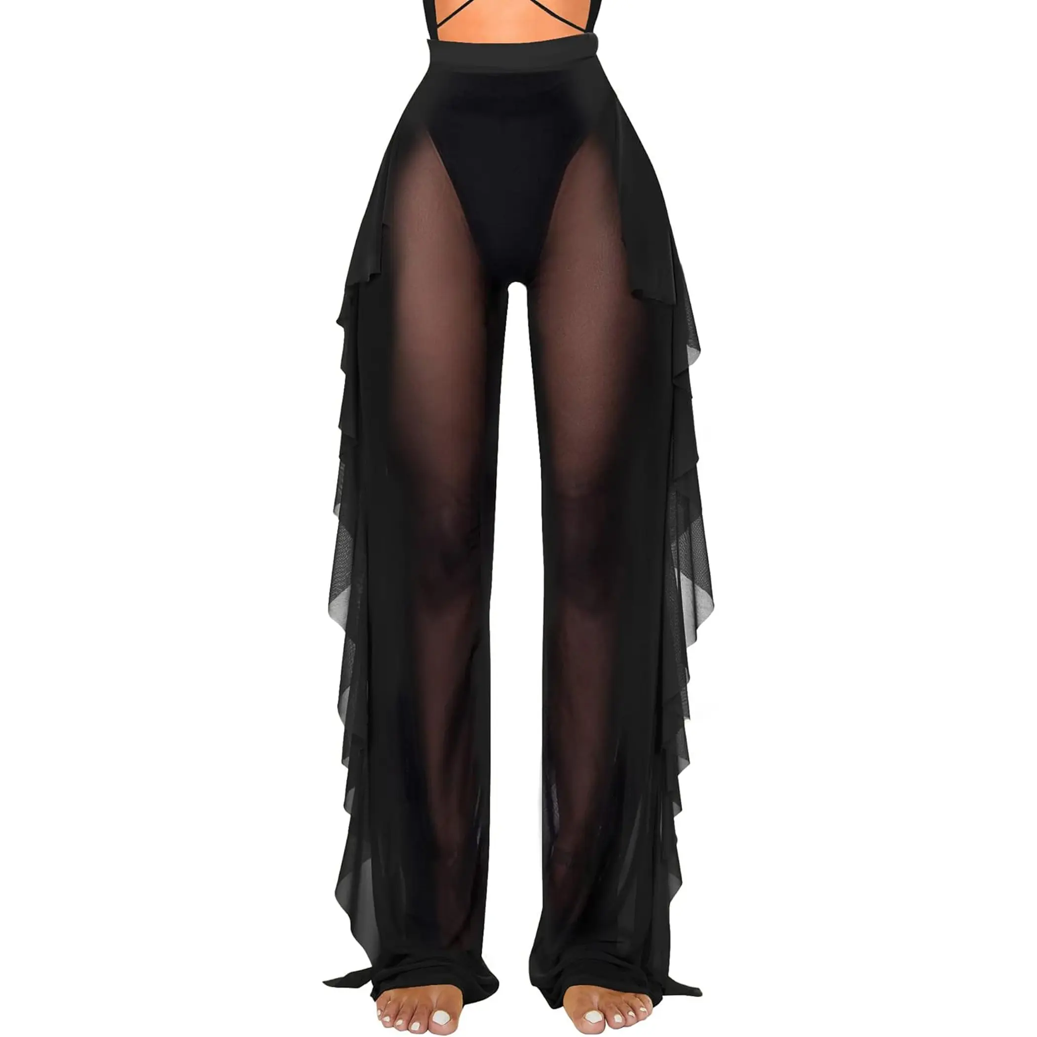 Jumppmile Women'S Ruffle Sheer Mesh Swimwear Bikini Cover up Pants See Through Jumppmile