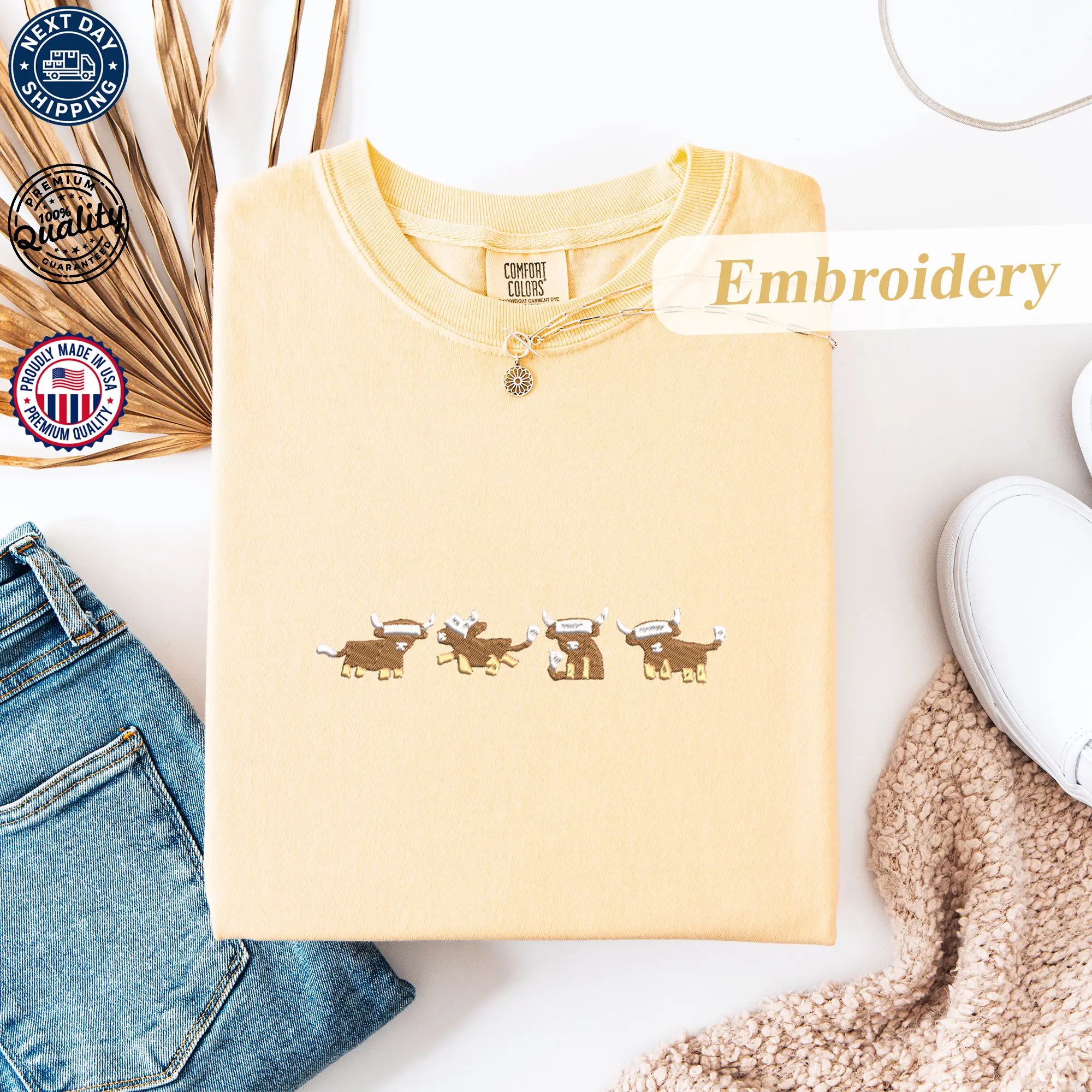 Highland Cow Embroidered Comfort Colors T-Shirt | Western Country Tee | Rustic Farmcore Shirt | Soft Vintage Washed Cotton | Cute Cow Embroidery | Unisex Daily Top | Gift for Animal & Country Lovers