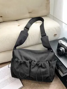 1pc Ladies' one shoulder tote bag, checkered crossbody bag, Checkered nylon crossbody, zipper closure, trendy and practical, suitable for daily commuting, dining, shopping, dating, Casual Commuter Bag