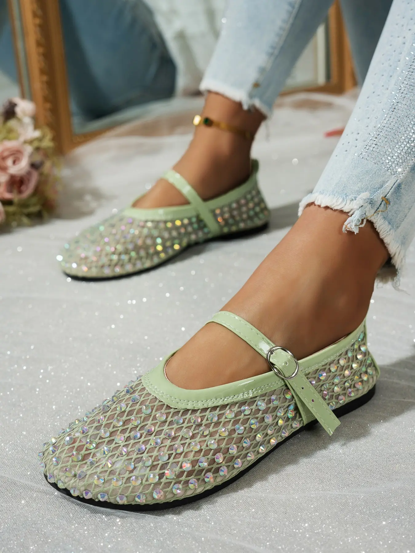 Women's Rhinestone Mesh Ballet Flat Shoes, Breathable Flats, Breathable Nude Round Toe, Buckle Decor, Versatile Footwear, Beach & Vacation Ready