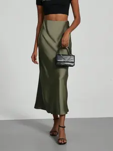 Women's Solid Color Satin Midi Skirt, Elegant A-Line Skirt for Party Holiday Vacation, Ladies Summer Clothes, Flowy Flared Skirt