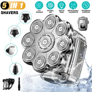 9D Head Shavers for Bald Men, 5 in 1 Detachable Head Shaver with LED Display, IPX7 Waterproof Wet Dry Rechargeable Electric Shavers for Men Grooming Kit for Home & Travel Smooth Daily