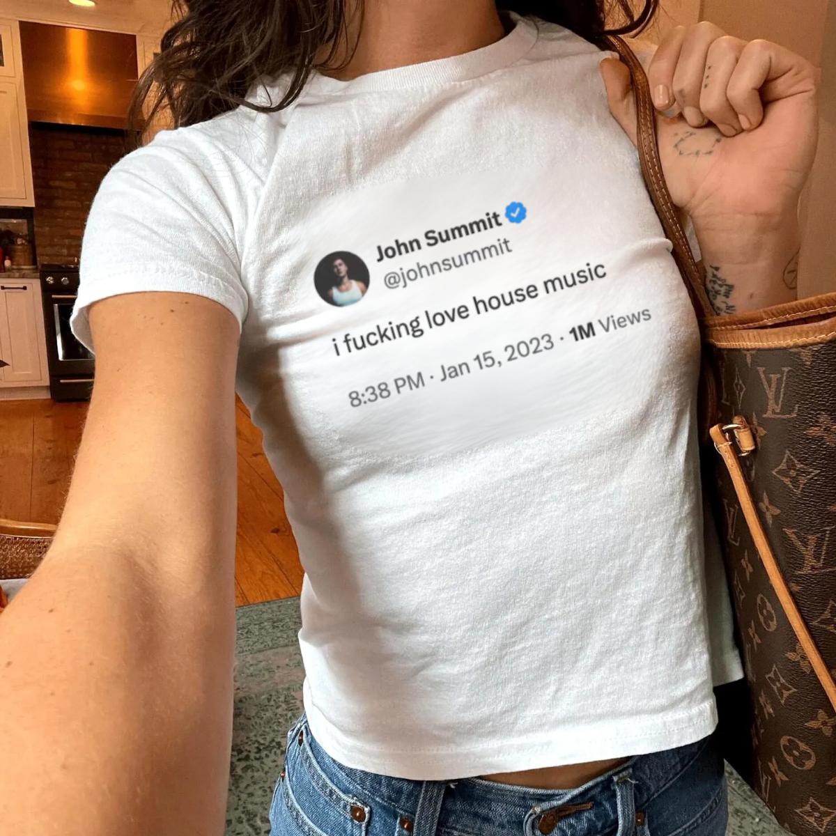 House Music Tweet Baby Tee, Viral Meme Graphic Shirt, Social Media Style Text Top, Y2K Aesthetic Slim Fit Tee, Funny Clubbing Gift for Women