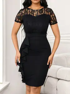 Lace Splicing Ruffled Wedding Guest Dress - Elegant Party Work Dress - Women's Fashion, TikTok Chic