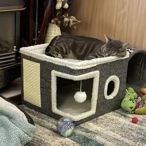Luxury multi-layer cat condo with bunk beds, toy tunnel, and collapsible scratching post - Cozy indoor cat cube bed with plush hanging ball, nylon frame, and canvas structure, space-saving collapsible design, 16.5x16.5x13 inches