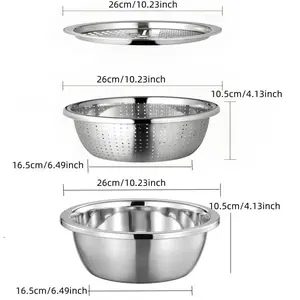 3-In-1 Stainless Steel Multi-Functional Strainer Set, Includes Basin/Sieve/Cutter, Ideal for Washing Rice Fruits Vegetables Kitchen Essentials