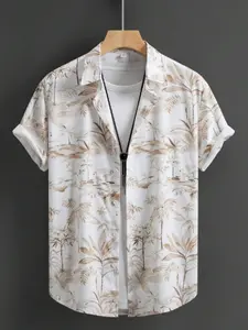 Men's Lapel Button Front Tropical Plant Print Summer Casual Short Sleeve Shirt, Loose-Fitting Long Shirt for Spring & Fall