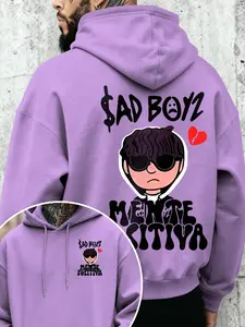 Men's Fall Winter Hooded Sweatshirt, Sad Boyz Print Drawstring Pocket Design, Loose Fit Long Sleeve Casual Pullover
