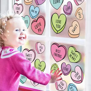 Whaline 9 Sheets Valentine's Day Window Clings Conversation Heart Window Decals Double-Sided Candy Heart Window Decor for Home Office School Party Supplies, 7.9 x 11.8 Inch