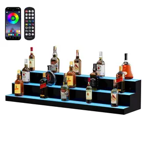 VEVOR LED Lighted Liquor Bottle Display,  3 Tiers 48 Inch Commercial Illuminated Home Bar Shelf, 3 Steps Whiskey Rack Stand, Acrylic Drink Shelves with RF Remote & App Control, and Multicolor lighting