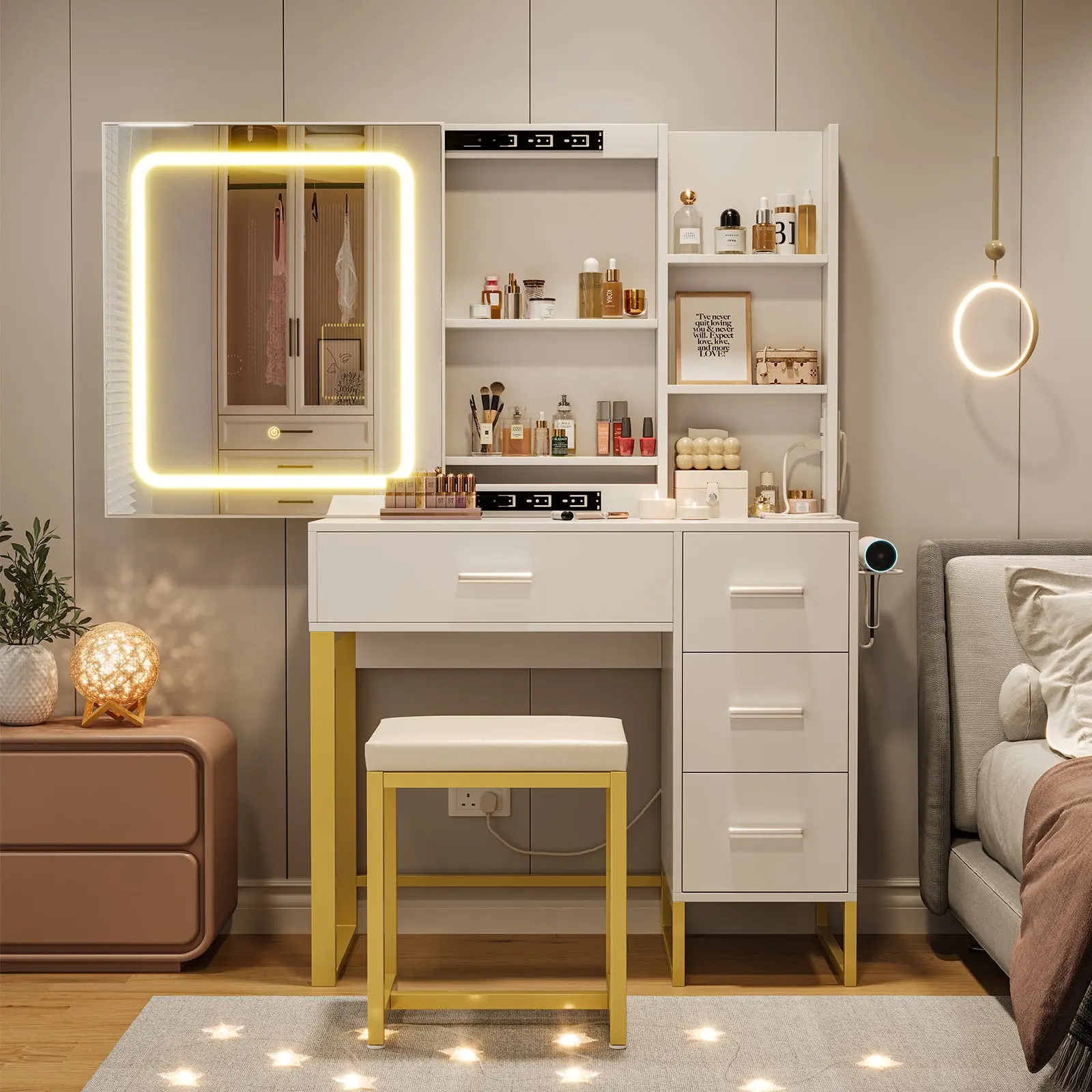 【GARVEE】Vanity Desk with Mirror and Sliding LED Lights, Featuring Power Outlet, 4 Drawers, Storage Shelves, and Cushioned Stool; Available in White, Black, and Marble White Finishes for Bedroom Makeup Setup