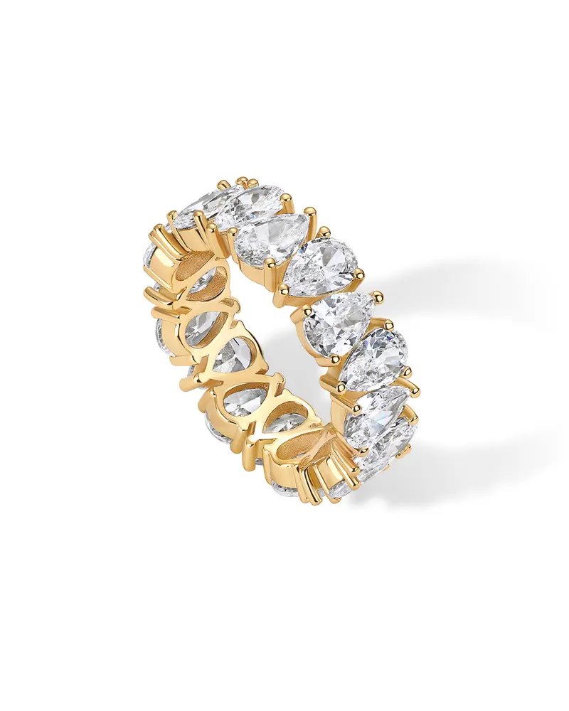 PAVOI 14K Gold Plated Pear Love Eternity Rings for Women - Gold Cubic Zirconia Ring - Bridal Eternity Wedding Band Ring