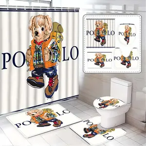 Polo Fashion Bear Shower Curtain Set, Home Bathroom Gift, Includes 12 Hooks, Non-Slip Bath Mat, U-Shaped Toilet Lid Cover, Bathroom Decoration Accessories
